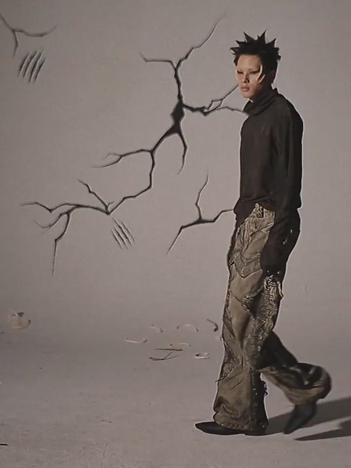 FLYERRER 24AW Original "Mutation" Series Irregular Ripped Patchwork Curved Leg Pants FR213